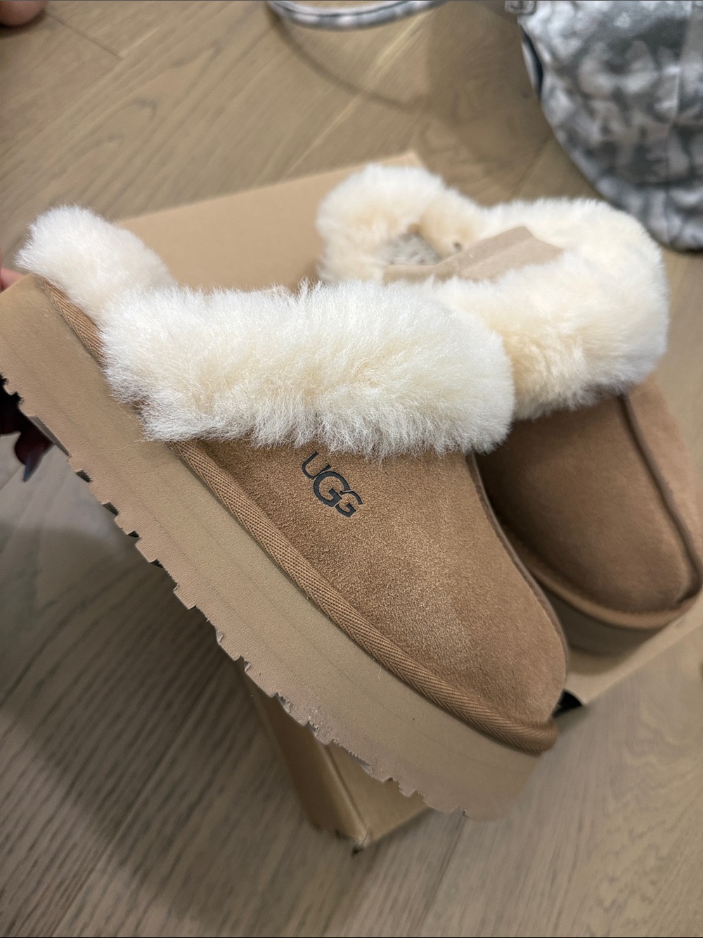 UGG Chestnut Suede Slip-On Slippers with Cream Sheepskin Trim